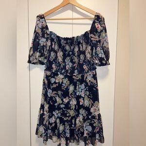 Aritzia Wilfred Navy Patterned Laken Puff Sleeve Mini Dres